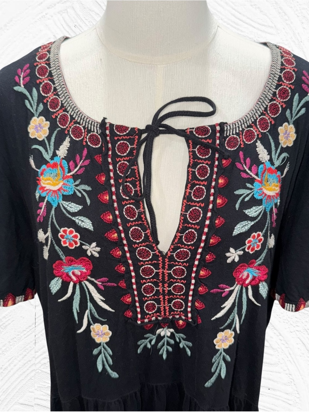 Johnny Was Black Embroidered Short Sleeve Tiered Dress with Pink & Blue Accents - Picture 6 of 10